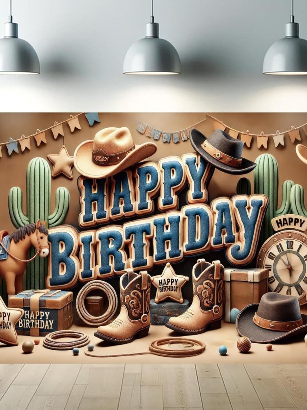 Western Cowboy Happy Birthday Banner Backdrop Rustic Wild West House Barn Photo